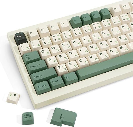 130 Keys MDA Profile Keycaps Set, Green Japanese PBT Keycaps, Dye-Sub Custom Retro Keycap ANSI/ISO Layout for Cherry MX Mechanical Keyboard (Botanical Theme)