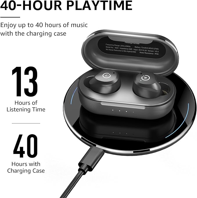 TOZO NC9 Hybrid Active Noise Cancelling Wireless Earbuds, in Ear Headphones IPX6 Waterproof Bluetooth 5.3 Stereo Earphones, Immersive Sound Premium Deep Bass Headset Matte Black.