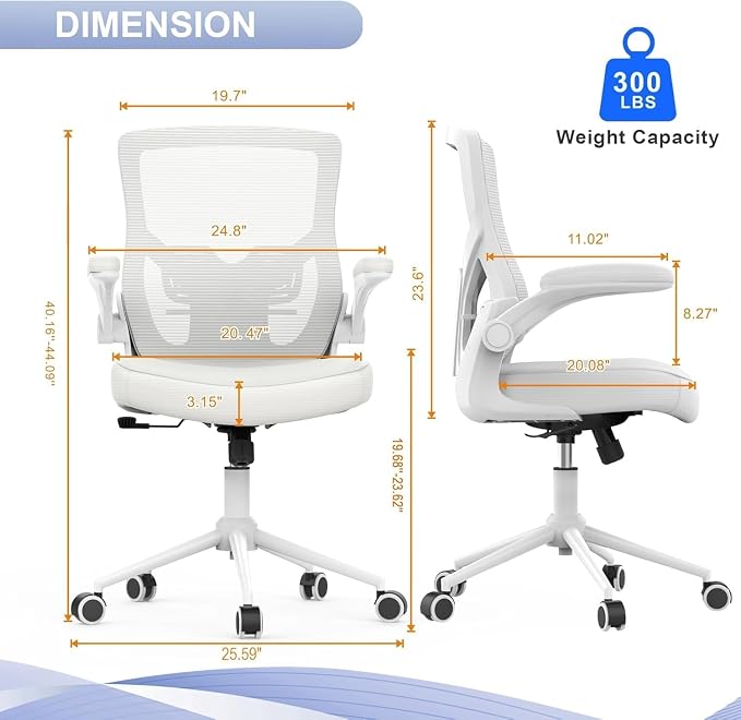 Office Chair for Long Hours & Lower Back Pain Relief – 4" Thick Molded Foam Cushion, Padded Lumbar Support and Flip-up Armrests, Ideal for Office or Study (Modern, White)