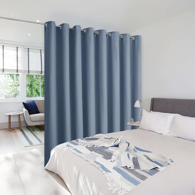 NICETOWN Closet Door Curtain, Room Separator Heavy Curtains Screens Partitions, Utter Blackout Extra Large Grommet Top Folding Room Dividers Curtain Panel (1 Piece, 9ft Tall x 15ft Wide, Stone Blue)
