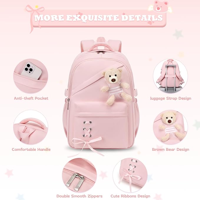 ACESAK Girls Backpack for School Set - 5 PCS Cute Girls Backpack with Lunch Box, Pencil Case, Bento Box & Insulated Water Bottle - Kawaii Casual Kids Bookbag Set Back to School Supplies (Pink)