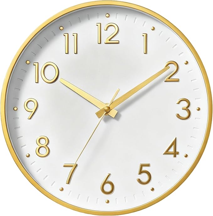 Mosewa Small 8 Inch Wall Clock Battery Operated Silent Non Ticking Analog | White Gold modern clock; oversized 3D easy-read dial for kitchen, bedroom & office; 1 AA battery (not included)