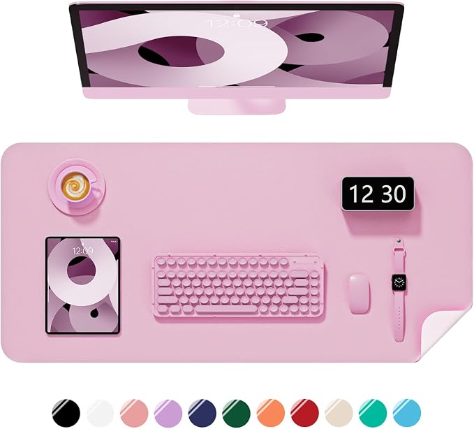 Desk Pad, 30" x 14" PU Leather Non-Slip Desk Mat Large Mouse Pad for Desktop, Waterproof Laptop Computer Writing Mat for Office, Home, Work, Gaming, Pink