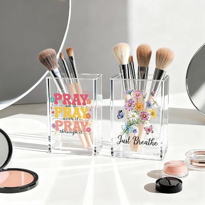 Just breathe 2 Pack Acrylic Cosmetic Pencil Pen Holder Cup, Hope Inspirational Makeup Brush Organizer Holder, Women Faith Gifts, Christian Encouragement Gifts for Women Mom Daughter Teacher