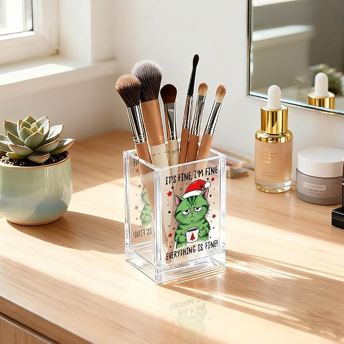 It's Fine I'm Fine Everything Is Acrylic Makeup Brush Pencil Holder Cup, Funny Cat Pen Holder Gifts For Friends HR Nurse, Christmas Office Gifts for Women Coworker, Pencil Cup for Desk