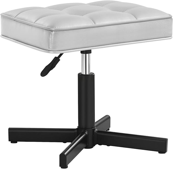 LUE BONA Adjustable Vanity Stool, 15''-19.5'' Foot Rest Under Desk, 360° Swivel Vanity Chair for Makeup Room, Silver Upholstered Faux Leather Ottoman for Bathroom & Living Room, 300lbs