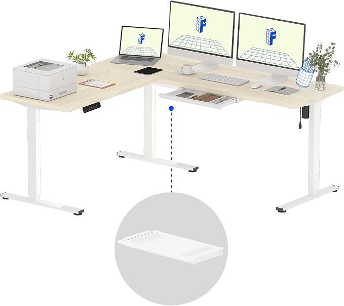 FLEXISPOT L Shaped Standing Desk, 71 x 63 Inch Electric Height Adjustable Corner Desk, Sit Stand Computer Workstation, Preset Controller, Home Office, White Frame with Maple Top, White Drawer