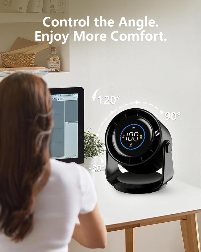 Desk Fans, Portable Turbo Fan Ultra Quiet Table Fan Digital Display Rechargeable USB 105°Tilt 100 Speeds Wall-Mounted Design Portable Fans for Home Office Kitchen Travel Camping