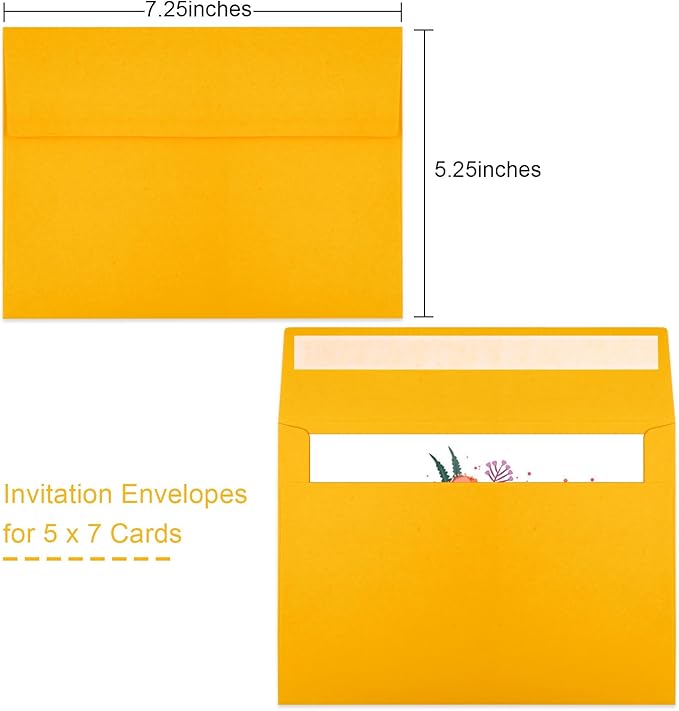50 Packs Yellow 5x7 Envelopes 5x7, Fade Bright Yellow Color Envelopes Self Seal for Weddings, Photos, Greeting Cards, Mailing