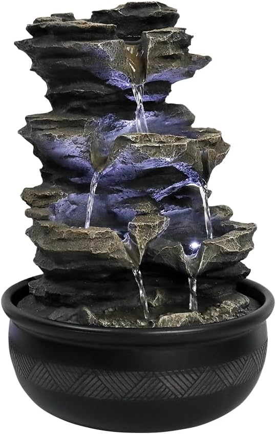 15.7" High Rock Cascading Tabletop Fountain, Zen Meditation Indoor Waterfall Feature with LED Light for Home Office Bedroom Relaxation