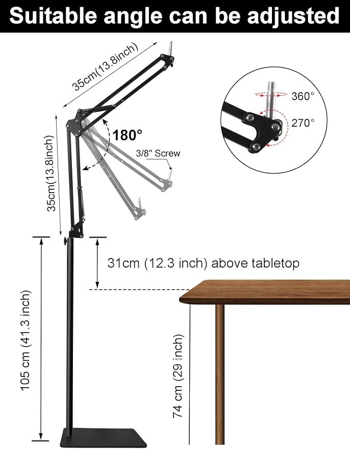 Mic Stand Floor Boom Arm with 6.6lbs Weighted Base for Blue Yeti, Nano, Snowball, HyperX QuadCast, SM7B MV7, Fifine K688 and More Mic, Floor Microphone Stand with 3/8" to 5/8" 1/4" Screw, Pop Filter