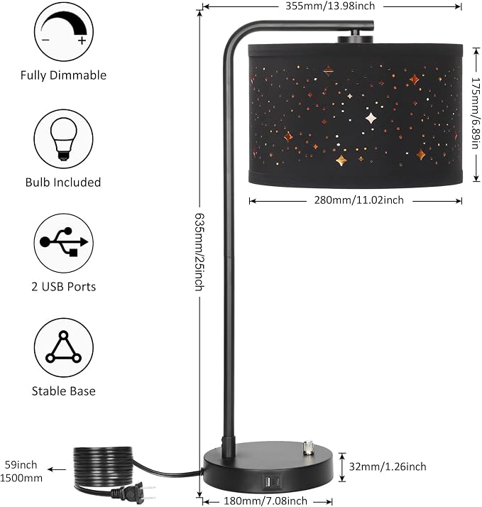 Bedside Table Lamp with USB C+A Ports, Fully Dimmable Modern Nightstand Side Lamps with Stars Shade, Tall Desk Reading Lamps for Living Room Bedroom 3000k LED Bulb Included