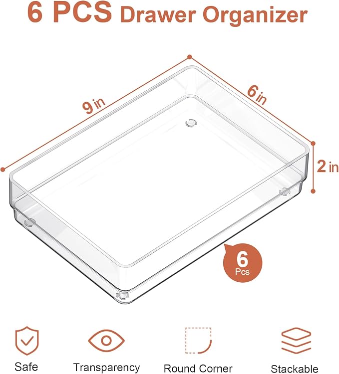 SMARTAKE 6 PCS Clear Plastic Kitchen Large Size Drawer Organizers Set | Non-Slip Desk Drawer Organizer, Bathroom Vanity Drawer Organizer Trays for Makeup, Bedroom, Office, Kitchen Utensils