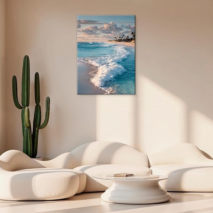 Coastal Ocean Wave Wall Art Decor Seascape Beach Painting Picture Artwork Blue Ocean Aesthetic Wall Decor for Home Beach Room Bedroom 11x15 Canvas Framed