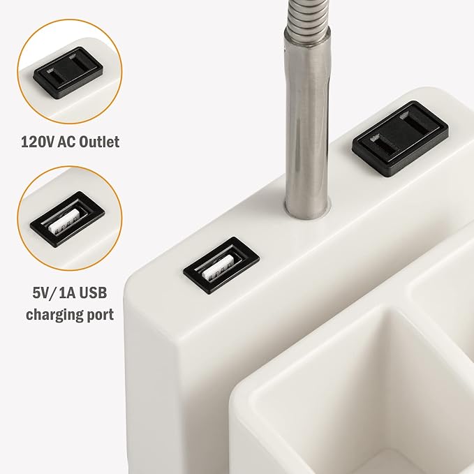 LED Desk Lamp with 1 USB Charging Port and 1 AC Outlet, Organizer Base, Adjustable Neck, On/Off Switch, Modern Table Lamp for Reading, Working, Studying, Gentle Warm White Light, Eye Protect