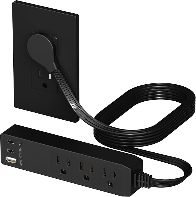 LIDER Outlet Extender with 3 Receptacles, USB-A & 2 USB-C Ports, Ultra-Thin Flat-Plug with Cord Extender, 3-Outlet Power Strip, Slim Angled Design, 5ft Cord, 1250W, ETL Listed, Matte Black