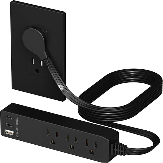 LIDER Outlet Extender with 3 Receptacles, USB-A & 2 USB-C Ports, Ultra-Thin Flat-Plug with Cord Extender, 3-Outlet Power Strip, Slim Angled Design, 5ft Cord, 1250W, ETL Listed, Matte Black