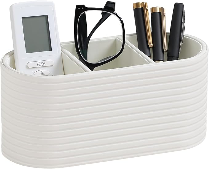 Remote Control Holder, Oval Pen Holder for Desk, Ivory | 3-Compartment Desk Caddy for Remotes, Glasses, Pens, PU Leather Small Desk Organizer for Nightstand, Coffee Table, Office