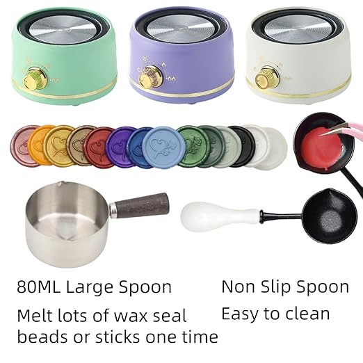 Electric Wax Seal Melting Furnace Warmer Kit, Sealing Wax Warmer Electrical with a 80ml Large Spoon, a Non-Slip Melt Scoop Great Tool for Melting Waxs Seals Sticks Beads (300 Green White Kit)