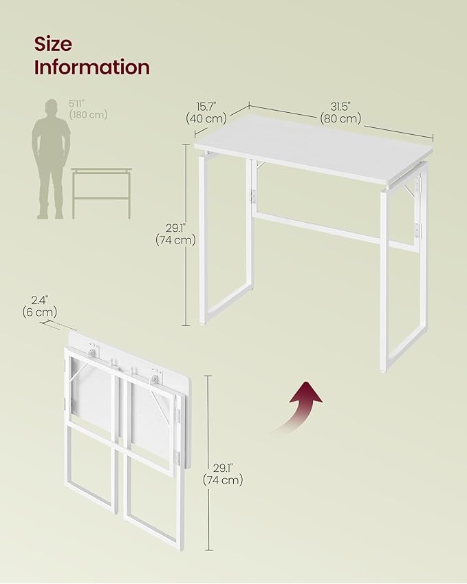 VASAGLE Folding Desk, Foldable Computer Desk, One-Piece Desktop, Rounded Edges, Small Folding Craft Table for Bedroom, Balcony, Camping, Easy Assembly, 31.5 x 15.7 Inches, Matte White ULWD151WF01
