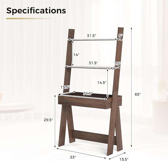 Tangkula Ladder Desk with Countertop & Drawer, Home Office Computer Laptop Table with Open Shelves & Anti-Tip Kits, Wall-Leaning Compact Working Station for Small Spaces (Walnut)