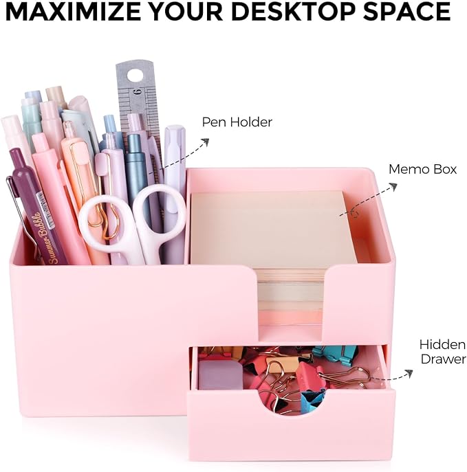 SKYDUE Small Desk Organizer with Drawer | 3 Compartments, Desk Pen Holder, For Home, School, Classroom & Office