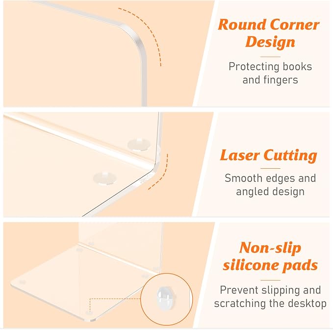 Acrylic Bookends 6 Pcs, Clear Book Ends for Shelves, Bookend Organizer | Transparent Book Holder Stand Decorative, Book Stoppers for Heavy Duty Books, CD, File, Video Games
