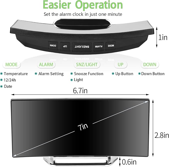 Digital Alarm Clock for Bedrooms, Bedside Mirror Clock with Modern Curved Design, 2 Brightness, 12/24H, Snooze, USB Power Supply, Power-Off Memory(Green)