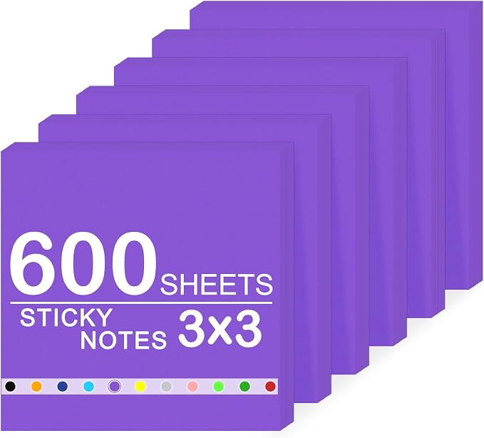 Super Sticky Notes,6 Pads Self-Stick Note Pads 3 x 3 in,600 Sheets Total Sticky Notepad Bulk Post,Office Supplies,School Supplies,Christmas Decor (Dark Purple, 6 Pads Sticky Notes 3x3)