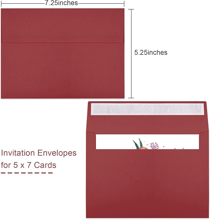 50 Packs Wine Red 5x7 Envelopes 5x7, Deep Red Color A7 Envelopes, Burgundy Invitations, Photos, Greeting Cards, Mailing