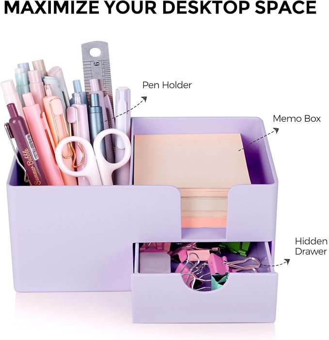 SKYDUE Small Desk Organizer with Drawer | 3 Compartments, Desk Pen Holder, For Home, School, Classroom & Office