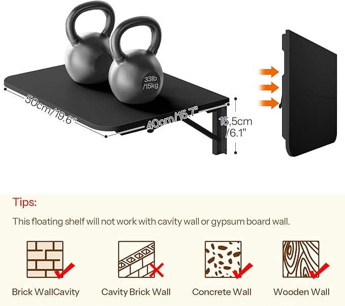 HOOBRO Folding Table, Wall Mounted Floating Desk with Iron Bracket, Drop Leaf Table for Small Spaces, Kitchen, Laundry Room, Home, Office, Black BK054BZ01
