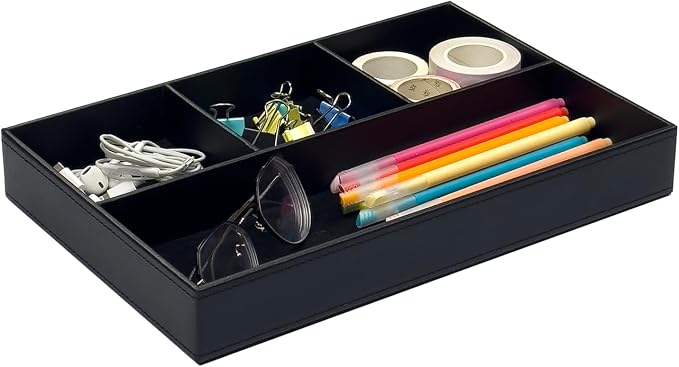 UnionBasic Flat 4-Slot Leather Desk Drawer Tray Stationery Sundries Gadget Organizer Storage Box Pen Pencil Holder Case Container (Black)