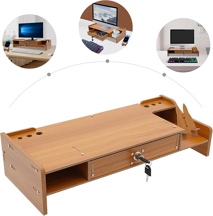 Wood Monitor Riser Drawer with Lock Computer Laptop PC Stand Desk Organizer