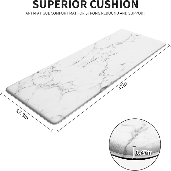 Marble White Kitchen Mats for Floor, Cushioned Anti Fatigue Non-Slip | Cushioned Comfort,Non-Slip Backing,Waterproof Surface,Soft Underfoot,Easy Clean,Kitchen Sink,Laundry Room,Standing Desk