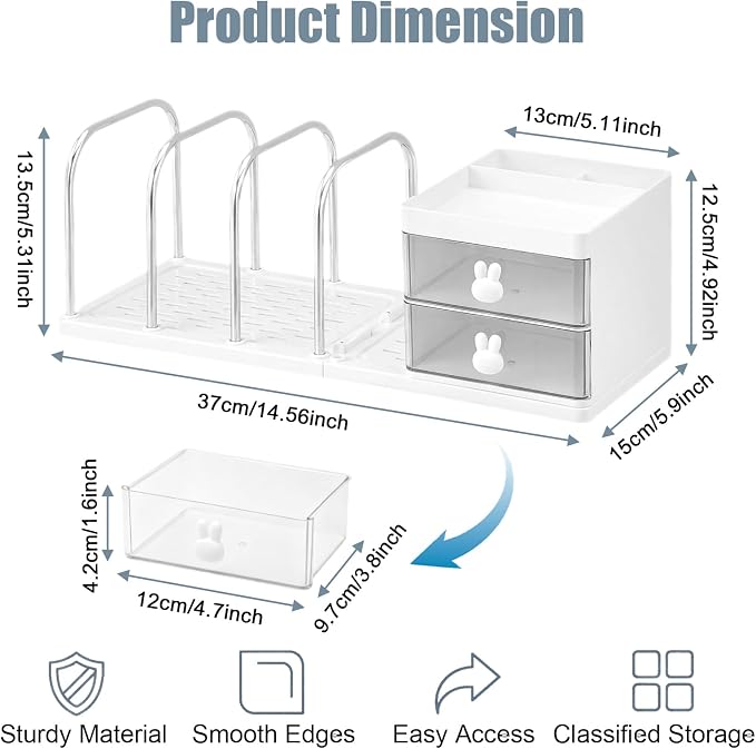 Marte Vanci Desk Organizer with File Holder, Versatile Tidy Organizer with 2 Drawers & Pen Holder, Stationery Storage Rack Detachable Bookends Desktop Caddy for Home Office Supplies Desk Accessories