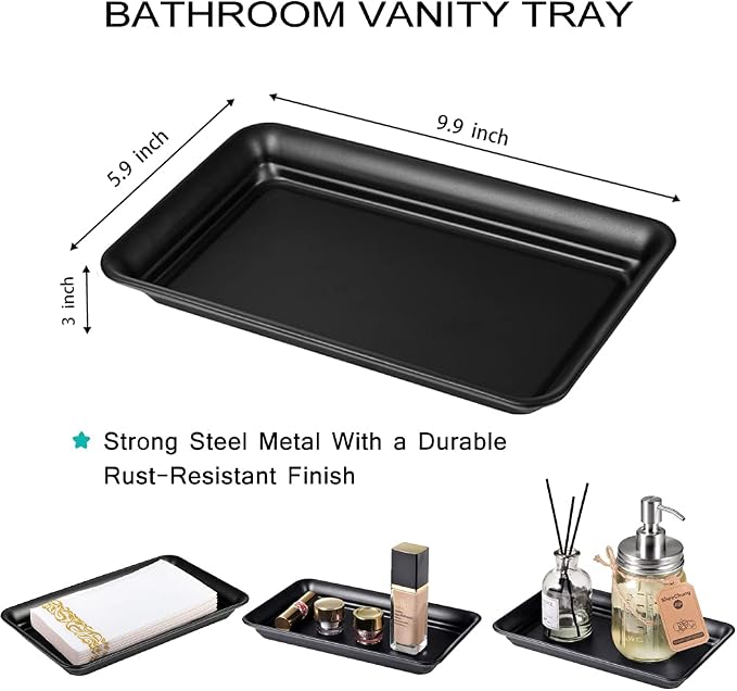 SheeChung Metal Vanity Tray, Bathroom Counter Storage Tray, Black 4 Pack | Sturdy Decorative Tray Holder, Farmhouse Vintage Decor Accessories for Perfume, Cosmetics, Jewelry, Makeup, Guest Hand Towel