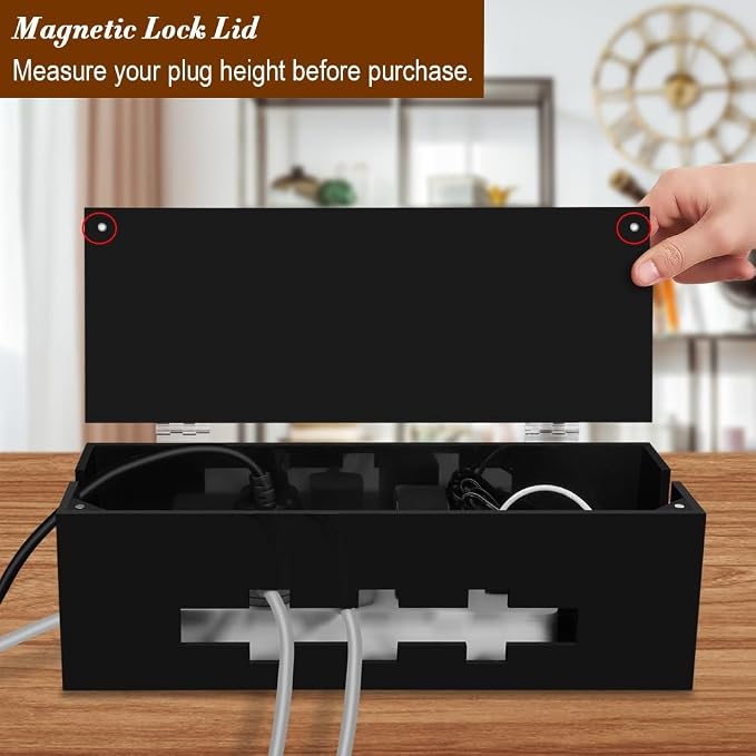 Cable Management Box with Magnetic Lock, Cord Organizer for Desk | Acrylic,compact,fits standard power strips & flat plugs,hides TV/computer wires,magnetic lid,child safe,for home office desk