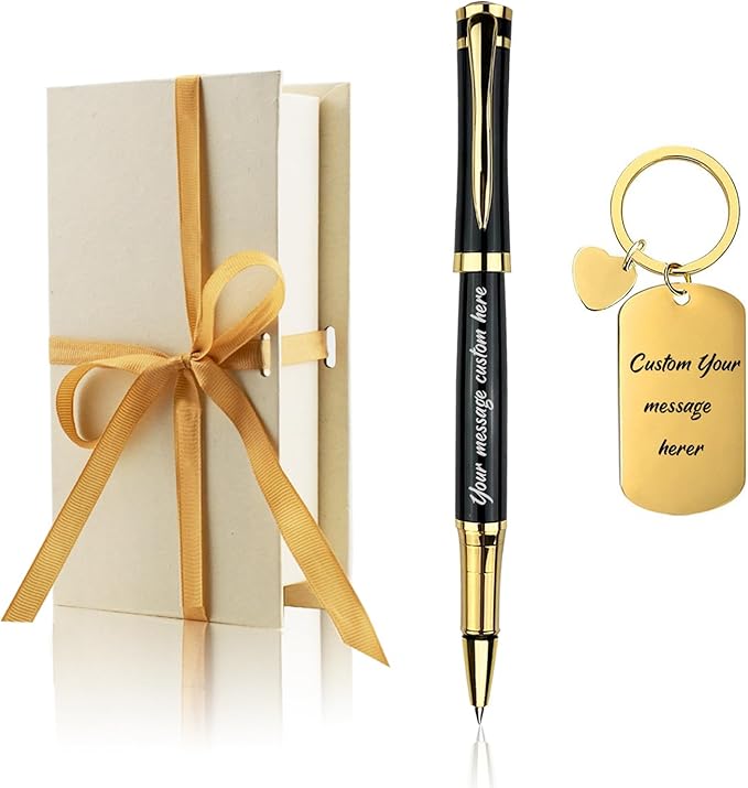 Yastar Custom Office Pen with Custom Keychain Business Gift Set with Pen Box 2 extra Black Refills Engraved with your Message Names Company Names Phone Number Souvenir Gift for Colleague Friends