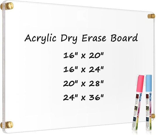 Large Clear Acrylic Dry Erase Board, 36" X 24" Golden Non-Magnetic Frameless Clear White Board for Wall, Erasable Acrylic Board for Wall, Home, Office, School, 2 Markers