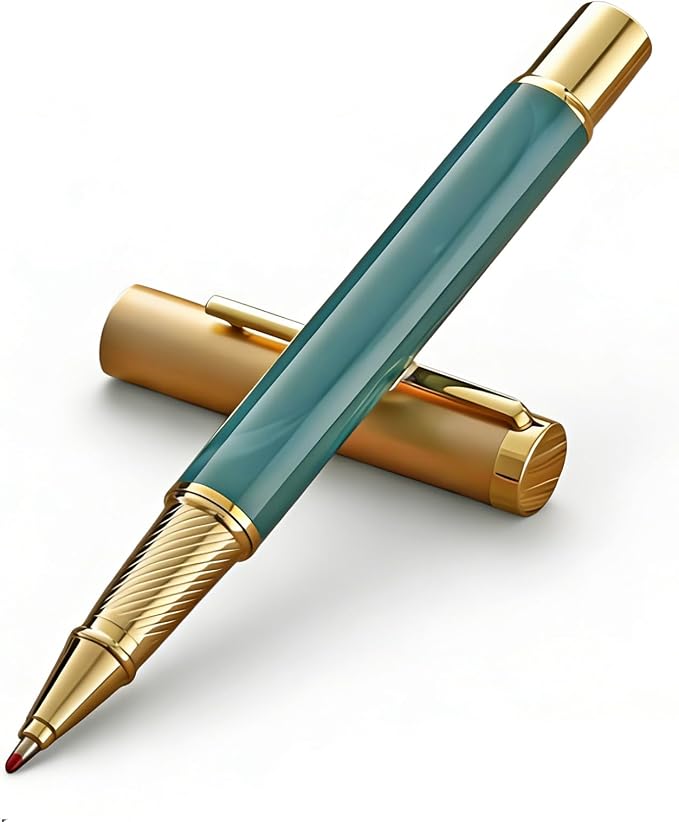 Luxury Rollerball Pen with Gold Trim, Elegant Resin Writing Instrument, Fine Point Black Ink Refill, Business Signature Pen with Metal Gift Box for Executive, Men, Women (Glacier Green)