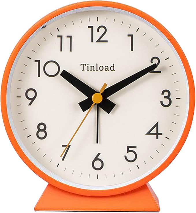 Tinload 4.5" Battery Operated Antique Retro Analog Alarm Clock, Small Silent Bedside Desk Clock, Lighted on Demand, Battery Operated, Snooze, for Living Room, Bedroom, Bedside, Desk(Orange)