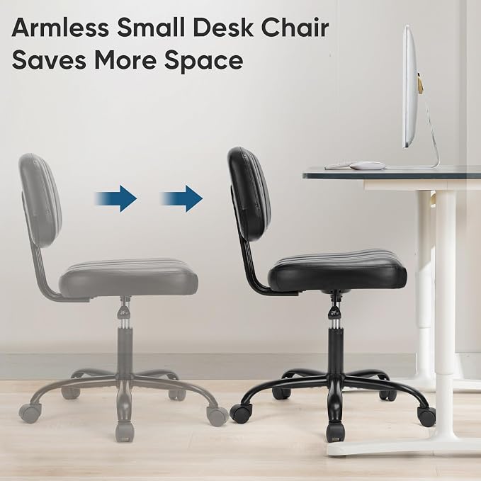 DUMOS Small Office Desk Chair, Armless Vanity Chair with Lumbar Support | PU Leather, 360° Rolling Task, Height Adjustable, Home Bedroom, Adult, Student, Black