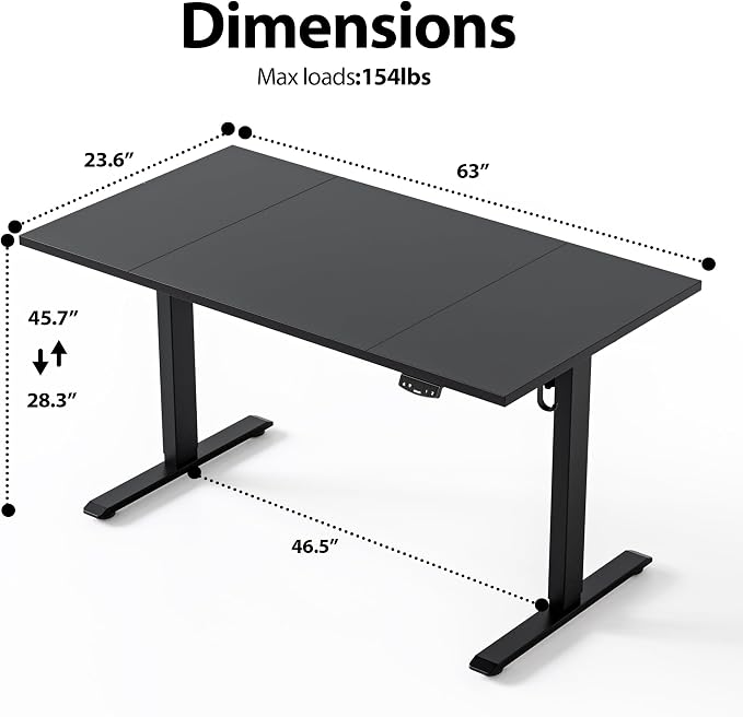 Agilestic Electric Standing Desk, 63 x 23.6 Inches Height Adjustable Desk, Sit Stand up Desk for Work Office Home, Splice Board, Black