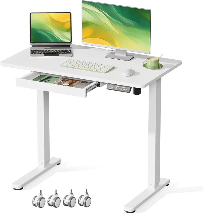 Gibbon Mounts 35” Rolling Standing Desk with Drawer & Wheels, White | 18mm One-piece Electric Height Adjustable Desk with Cable Clip on Lockable Wheels, Small Mobile Rising Laptop Workstation