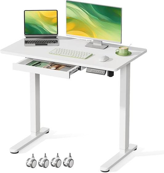 Gibbon Mounts 35” Rolling Standing Desk with Drawer & Wheels, White | 18mm One-piece Electric Height Adjustable Desk with Cable Clip on Lockable Wheels, Small Mobile Rising Laptop Workstation