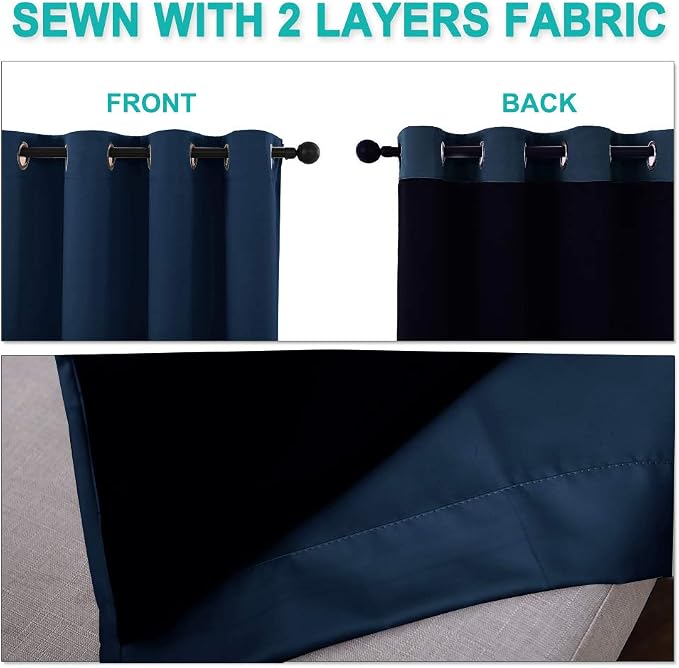 NICETOWN 100% Blackout Curtain Set, Thermal Insulated & Energy Efficiency Window Draperies for Guest Room, Full Shading Panels for Shift Worker and Light Sleepers, Navy Blue, 37W x 60L, 2 PCs