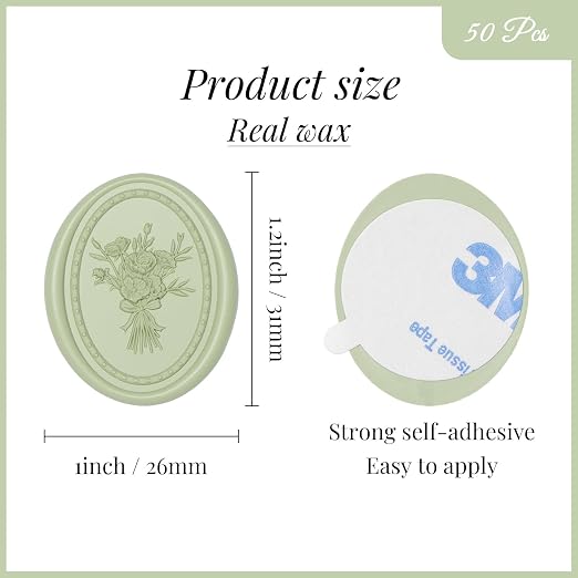 UNIQOOO Wax Seal Stickers - Vintage Photo Frame Floral Bouquet Wedding Invitation Envelope Seal Stickers, 50 Pcs Self-Adhesive Sage Green Stickers, Perfect for Invitation, Gift Wrapping, Party