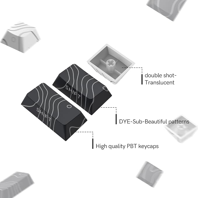 dagaladoo Double Shot PBT keycaps,White Black Topographic keycaps,Dye-sub keycaps Shine Through,Side Print Keyboard caps,dye Sublimation,Cherry Profile Key caps for US Layout Mechanical Keyboard