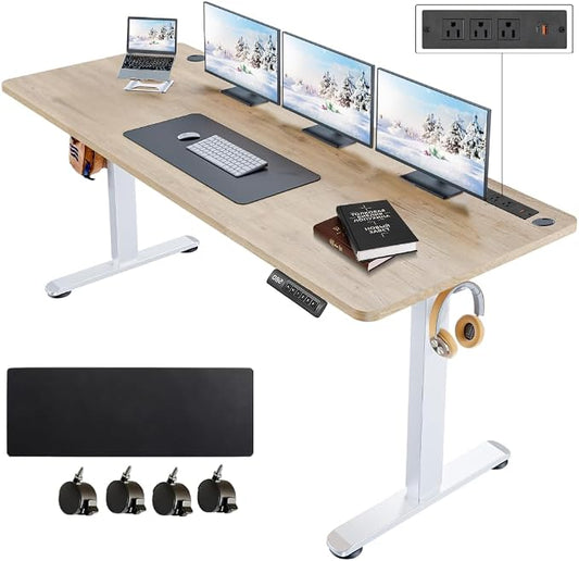 Electric Standing Desk with Power Outlets and USB-C Port, 63 x 24 Inches Adjustable Height Sit Stand Up Desk for Home Office, Adjustable Desk with Memory Preset and Wheels, Oak